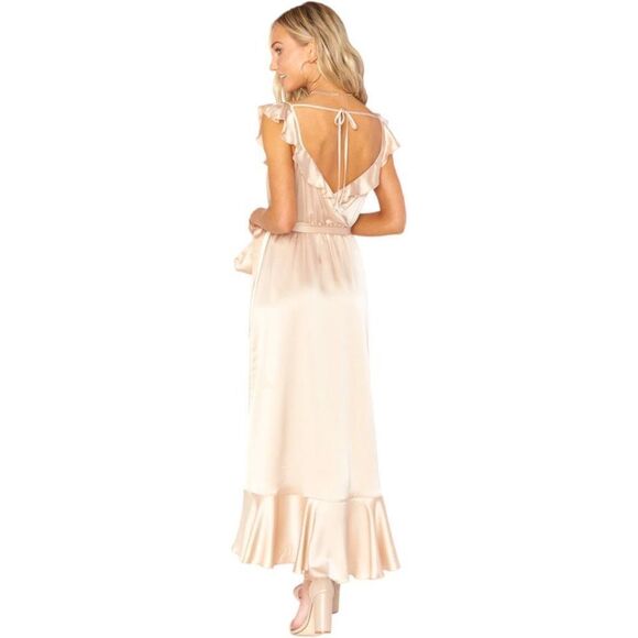 Show Me Your Mumu Samantha Ruffle Wrap Dress in Champagne Luxe Satin NEW Small - Picture 3 of 16